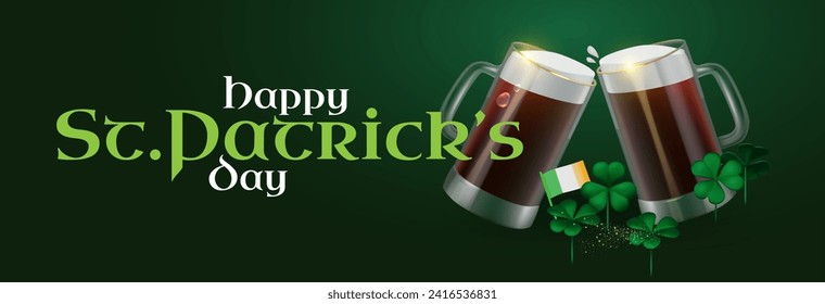 Happy St.Patrick s Day background with shamrock clover leaf, leprechaun hat, coins, beer mug and Irish flag. Luck and success. Irish bar design