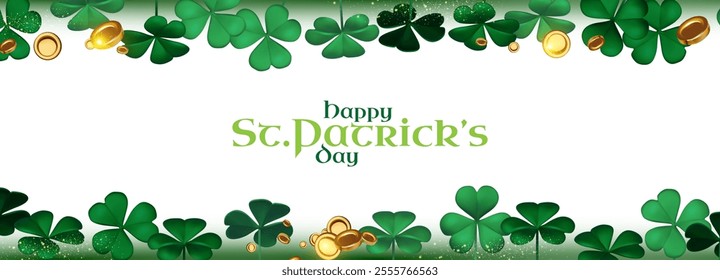 Happy St.Patrick s Day background with shamrock clover leaf and golden coins. Luck and success.