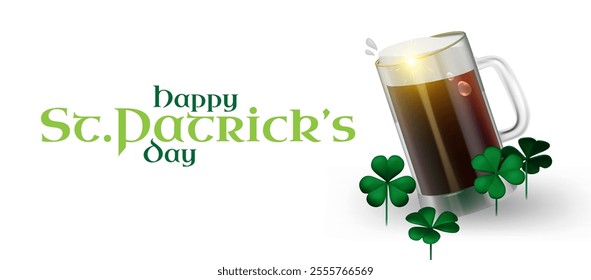 Happy St.Patrick s Day background with shamrock clover leaf, leprechaun hat, coins, beer mug and Irish flag. Luck and success. Irish bar design