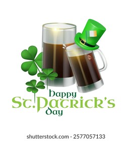 Happy St.Patrick s Day background with shamrock clover leaf, leprechaun hat, coins, beer mug and Irish flag. Luck and success. Irish bar design