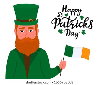 Happy St.Patrick 's Day banner. Irish red-haired bearded man in a green hat with a golden shamrock holds the flag of Ireland in his hand