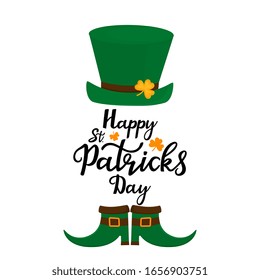 Happy St.Patrick 's Day banner. Green hat with golden shamrock and leprechaun boots