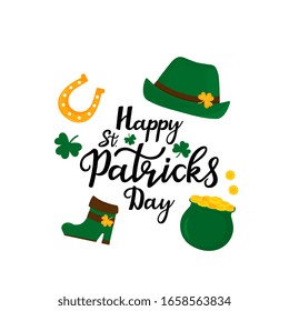 Happy St.Patrick 's Day banner. Green hat, a pot of gold coins, shamrock, horseshoe.