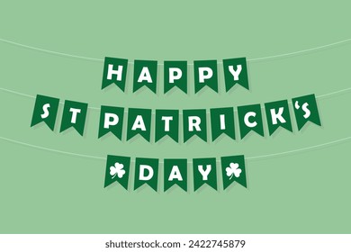 happy st.patrick s day bunting garland, green pennants with white letters, irish party lettering banner, greeting card, vector illustration