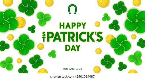 Happy St.Patrick 's Day. Festive holiday background with bright coins, shamrocks and four leaf clover. Vector banner