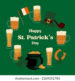 Happy St.Patrick s day greeting card design with stylized illustration traditional symbol mugs of beer pot coins on green background