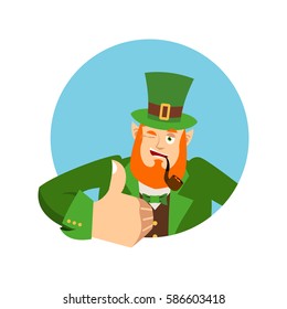 Happy St.Patrick 's Day. Leprechaun winks. Dwarf with red beard thumbs up. Irish elf emotions. Holiday in Ireland