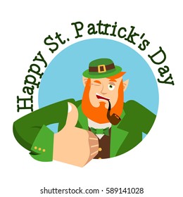 Happy St.Patrick 's Day. Leprechaun winks. Dwarf with red beard thumbs up. Irish elf emotions. Holiday in Ireland
