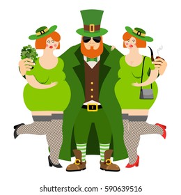 Happy St.Patrick 's Day. Leprechaun and beautiful girls. Kiss me I'm Irish. tough guy with red beard. Cool Irish pipe and clover. Holiday in Ireland