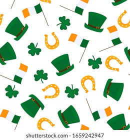 Happy St.Patrick 's Day seamless pattern. Irish green hat, Ireland flag, shamrock, horseshoe background