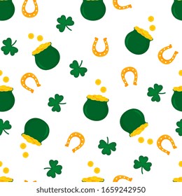 Happy St.Patrick 's Day seamless pattern. Pot with golden coins, shamrock, horseshoe background