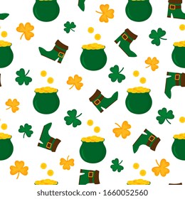 Happy St.Patrick 's Day seamless pattern. Pot with golden coins, boots, shamrock background