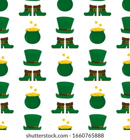 Happy St.Patrick 's Day seamless pattern. Irish green hat, boots, pot with golden coins background.