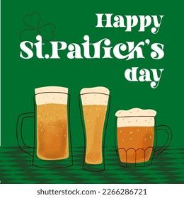 Happy St.Patrick s day text with illustration stylized mugs  of beer on green background