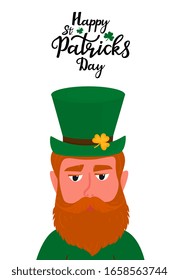 Happy St.Patrick 's Day vertical banner. Funny leprechaun with red beard in a traditional irish green hat hat with a shamrock