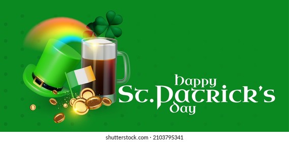 Happy St.Patrick's Day background with shamrock clower leaf, leprechaun hat, coins, beer mug and irish flag. Luck and suxess. Irish bar design