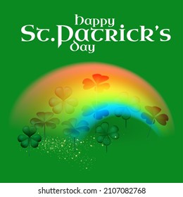 Happy St.Patrick's Day background with shamrock clower leaf, rainbow and gold glitter. Luck and suxess