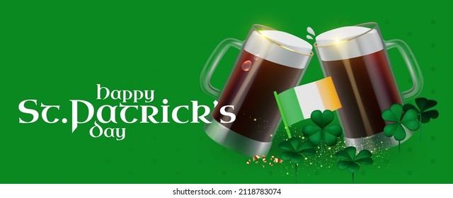 Happy St.Patrick's Day background with shamrock clower leaf, beer mug and irish flag. Luck and suxess. Irish bar design