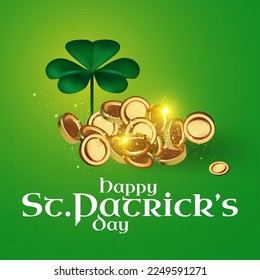 Happy St.Patrick's Day background with shamrock clower leaf and golden coins. Luck and suxess