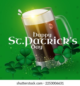 Happy St.Patrick's Day background with shamrock clower leaf, beer mug and drops. Luck and suxess. Irish bar design