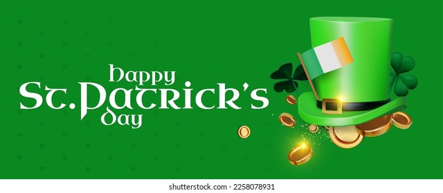 Happy St.Patrick's Day background with shamrock clower leaf, golden coins, leprechaun hat and irish flag. Luck and suxess