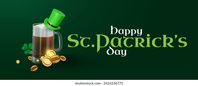 Happy St.Patrick's Day background with shamrock clover leaf, beer mug, leprechaun hat and golden coins. Luck and success. Irish bar design