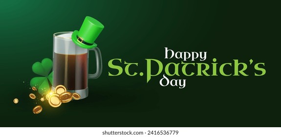 Happy St.Patrick's Day background with shamrock clover leaf, beer mug, leprechaun hat and golden coins. Luck and success. Irish bar design