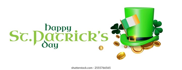 Happy St.Patrick's Day background with shamrock clover leaf, golden coins, leprechaun hat and Irish flag. Luck and success