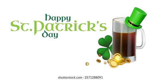 Happy St.Patrick's Day background with shamrock clover leaf, beer mug, leprechaun hat and golden coins. Luck and success. Irish bar design