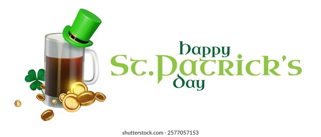 Happy St.Patrick's Day background with shamrock clover leaf, beer mug, leprechaun hat and golden coins. Luck and success. Irish bar design