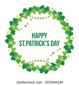 Happy St.Patrick's Day card, illustration with cute shamrock, clover round frame.
