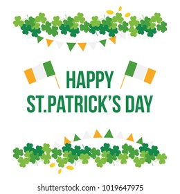 Happy St.Patrick's Day card, illustration with cute shamrock, clover borders and national flag of Ireland.