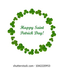 Happy St.Patrick's Day card, illustration with cute shamrock, clover round frame.