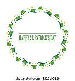 Happy St.Patrick's Day cartoon style round frame with leprechaun hats, shamrock and coins isolated on white background.