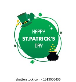 Happy St.Patrick's Day cartoon style greeting card with leprechaun pot of gold, green hat and shamrocks.