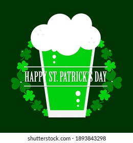 Happy St.Patrick's Day cartoon style greeting card with green beer and clover, shamrock leaves round frame.
