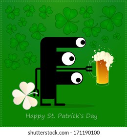 Happy St.Patrick`s Day. Cute monster with cloverleaf and beer