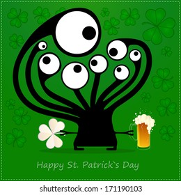 Happy St.Patrick`s Day. Cute monster with cloverleaf and beer