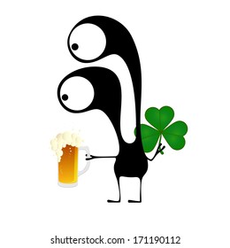 Happy St.Patrick`s Day. Cute monster with cloverleaf and beer