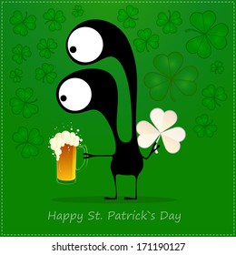 Happy St.Patrick`s Day. Cute monster with cloverleaf and beer