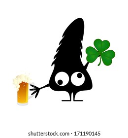 Happy St.Patrick`s Day. Cute monster with cloverleaf and beer