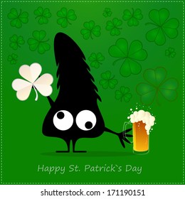 Happy St.Patrick`s Day. Cute monster with cloverleaf and beer