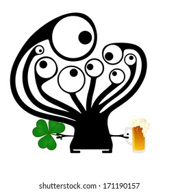 Happy St.Patrick`s Day. Cute monster with cloverleaf and beer
