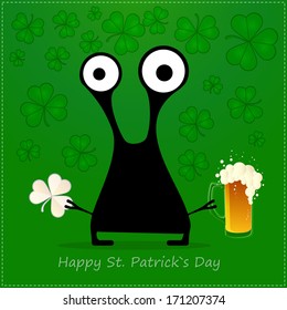 Happy St.Patrick`s Day. Cute monster with cloverleaf and beer