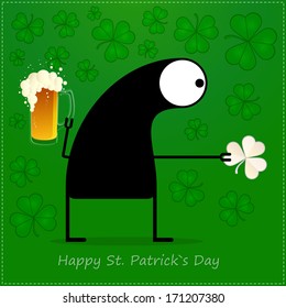 Happy St.Patrick`s Day. Cute monster with cloverleaf and beer