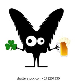 Happy St.Patrick`s Day. Cute monster with cloverleaf and beer