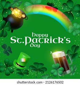 Happy St.Patrick's day design template with cauldron of gold beer mug, shamrock and leprechaun hat. Lucky Irish design