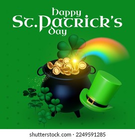 Happy St.Patrick's day design template with cauldron of gold. shamrock, rainbow and leprechaun hat. Lucky Irish design