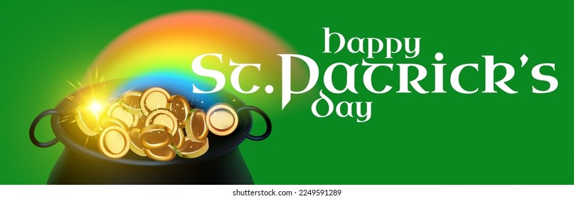 Happy St.Patrick's day design template with cauldron of gold. shamrock and rainbow. Lucky Irish design