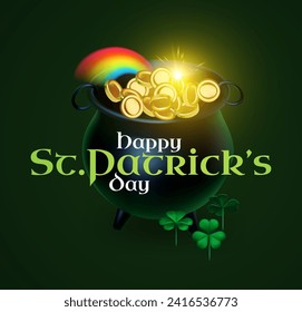 Happy St.Patrick's day design template with cauldron of gold. shamrock and rainbow. Lucky Irish design